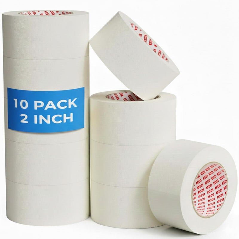 SWRT Masking Tape 2” x 55Yds, 10 Rolls – Bulk Value White Tape with Strong Hold & Clean Removal for Multi-Surface Projects & General Purpose (550Yds Total) - Image 1